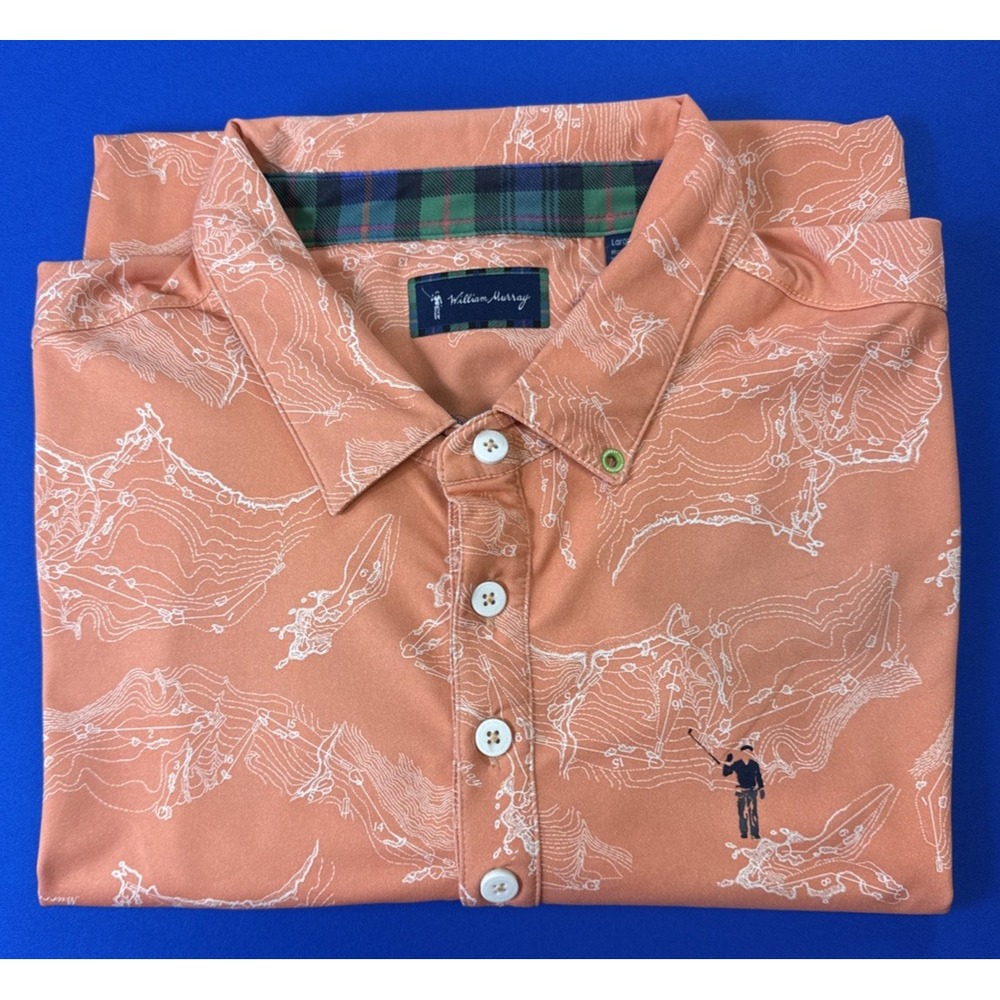 William Murray Mens Size Large Murray Bay Orange White AOP Golf Polo Shirt